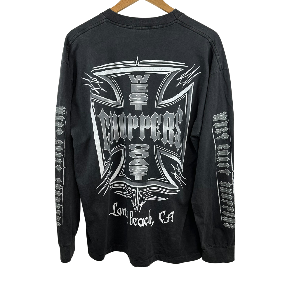 West Coast Choppers Long Sleeve T-Shirt – Iron Cross Back Print – Long Beach CA – XL – Black