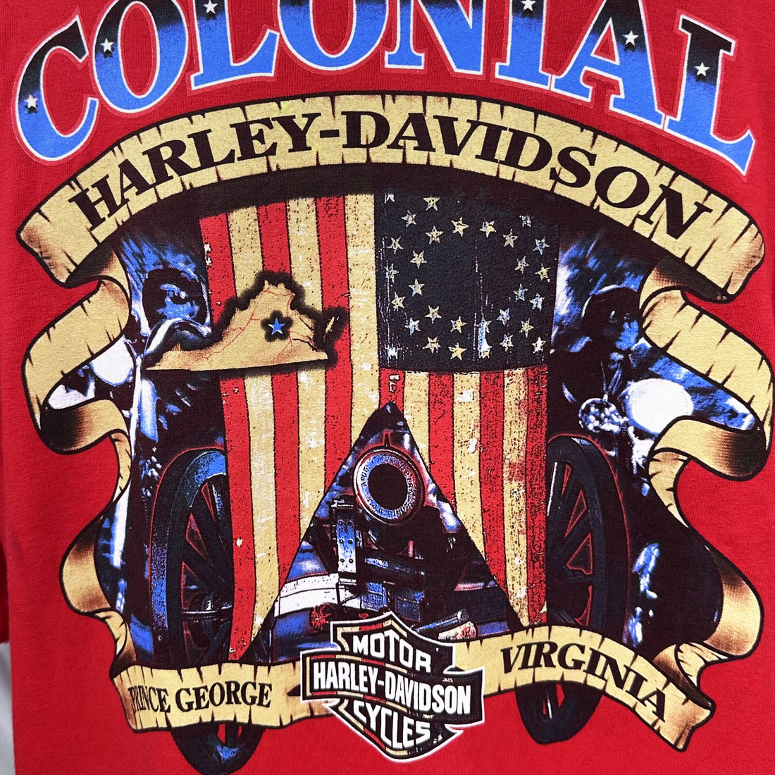 COLONIAL HARLEY-DAVIDSON PRINCE GEORGE VIRGINIA RED XL 背面プリント アップ