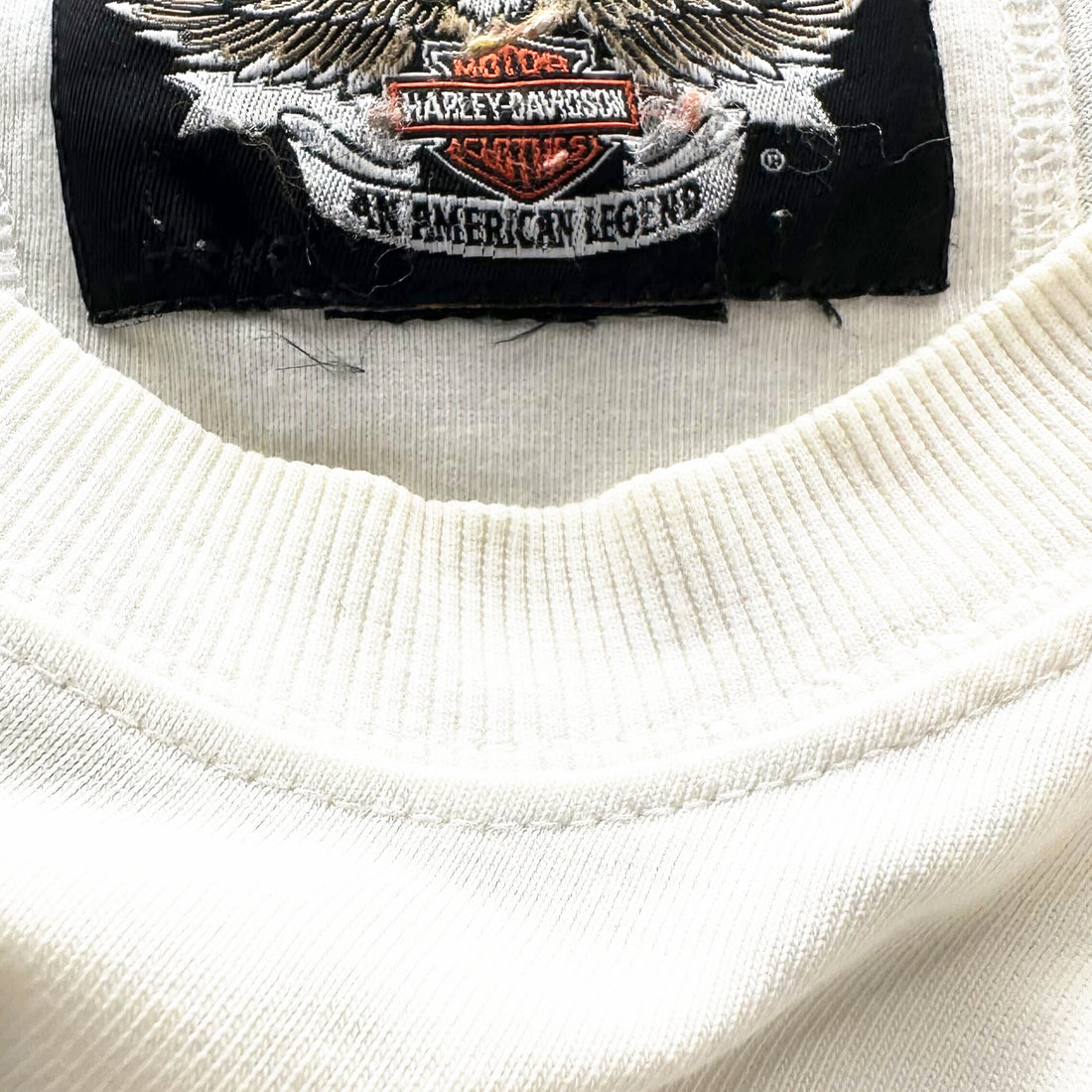 HARLEY-DAVIDSON EMBROIDERED LOGO SLEEVE PRINT LS XL AN AMERICAN LEGEND ネックタグ